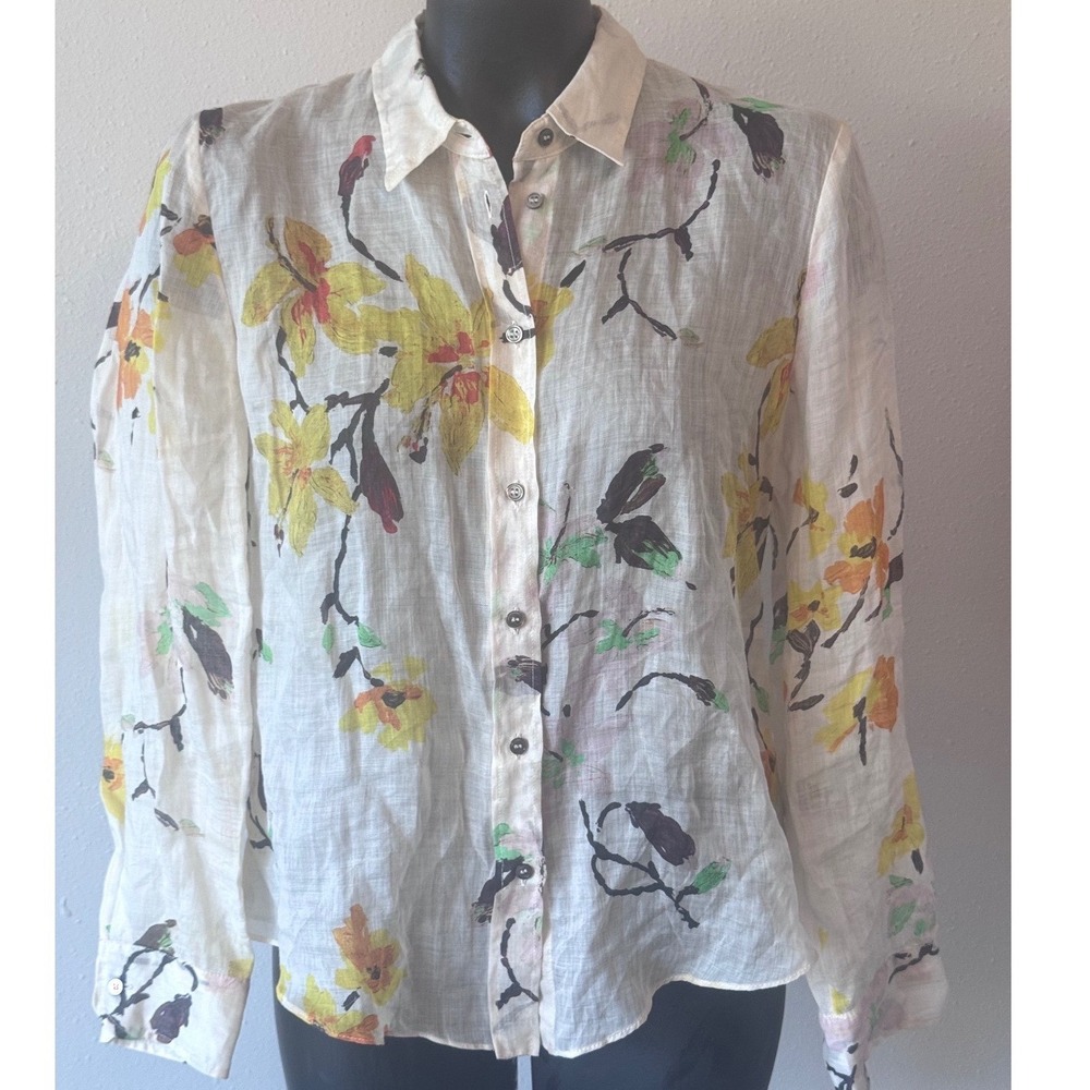 Zara Women Fall Floral Sheer Ramie Button Down Shirt Cream L Boho Festival Beach